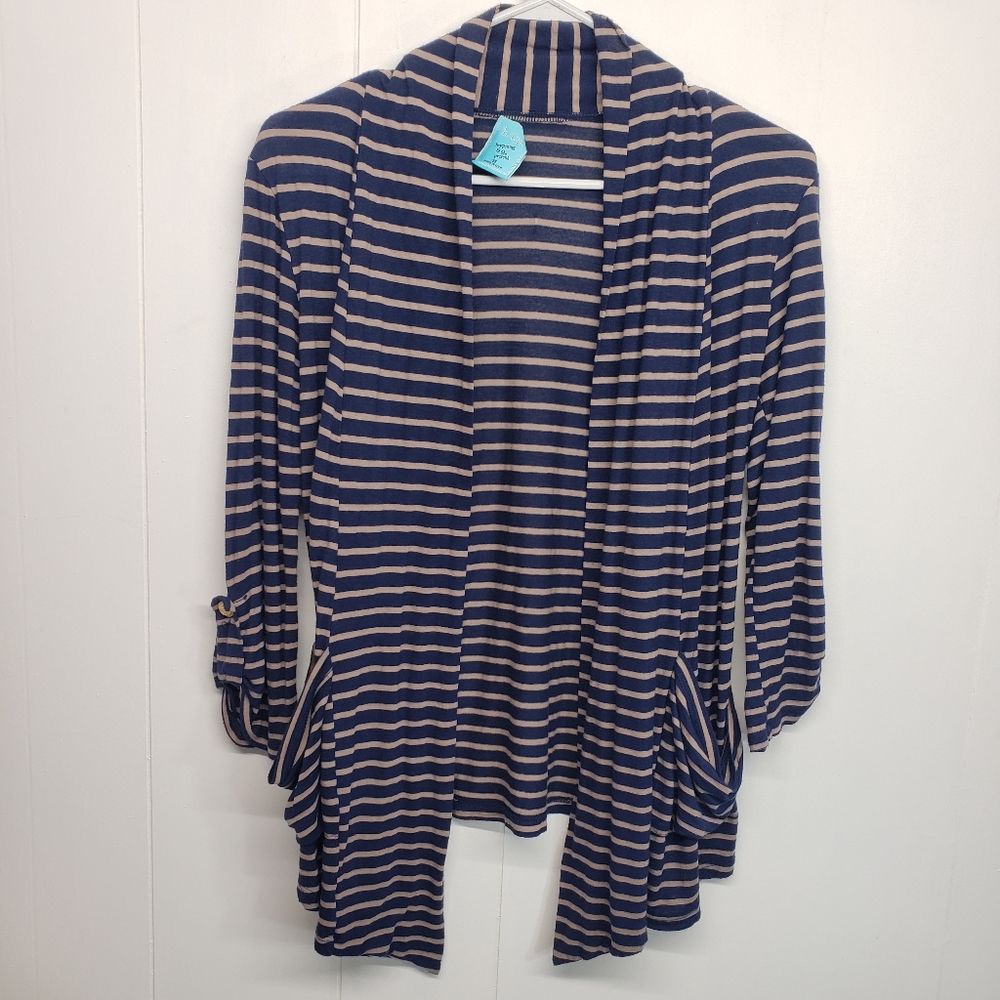 3/$10 Navy and tan striped cardigan size medium